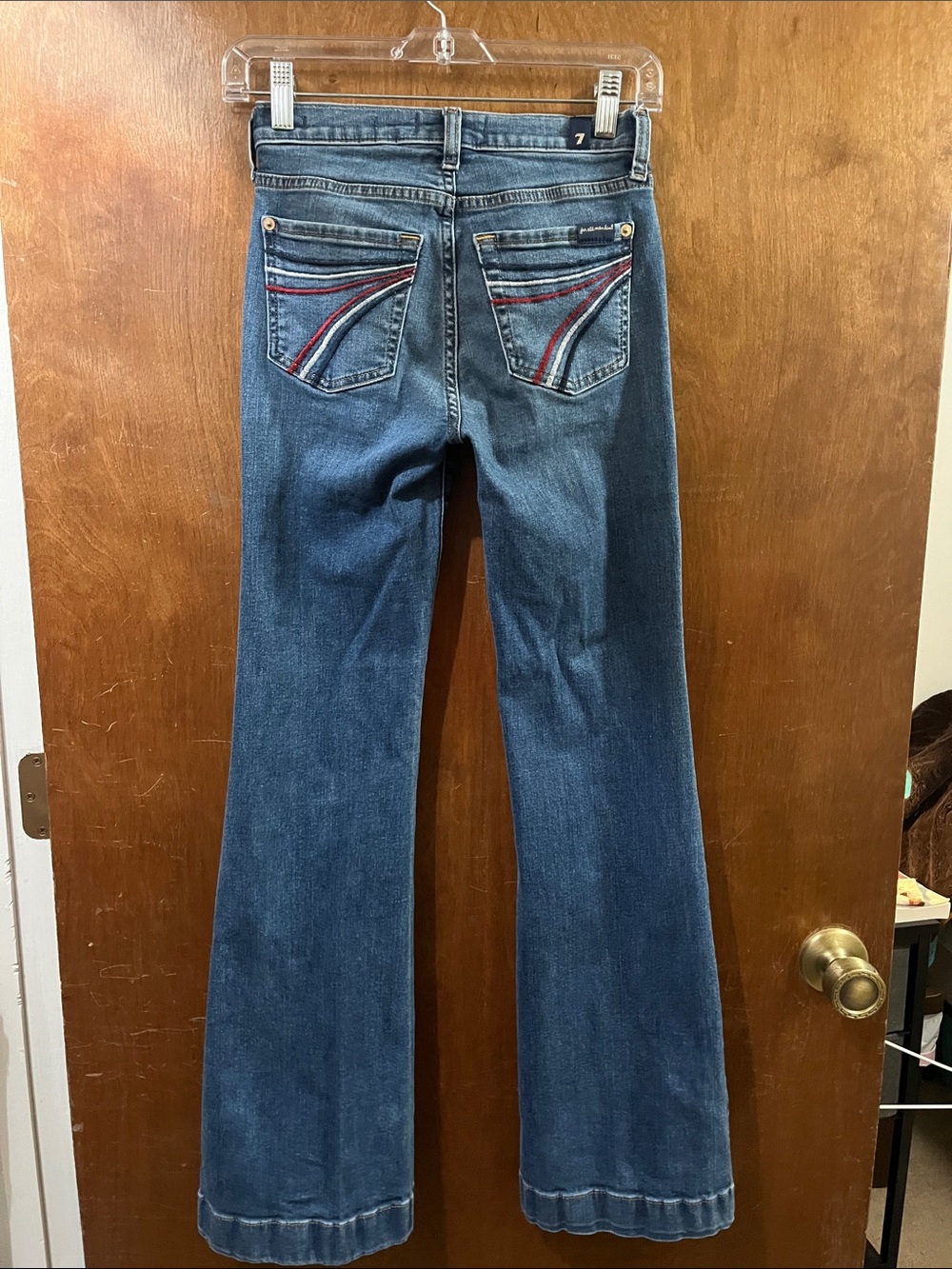 7 For All Mankind Blue Flare Jeans with Red, W hite and Blue Pocket Stitching